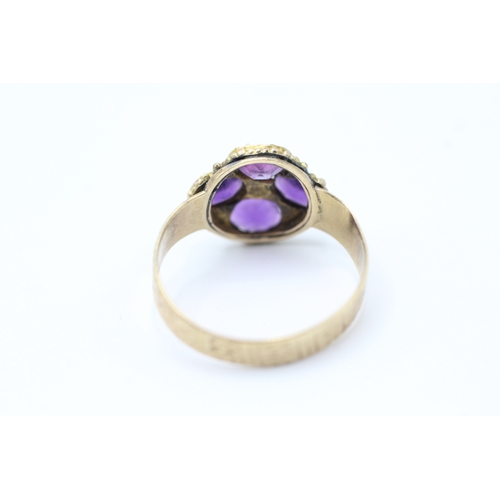 38 - 9ct gold amethyst and seed pearl cluster ring (1.9g) Size O