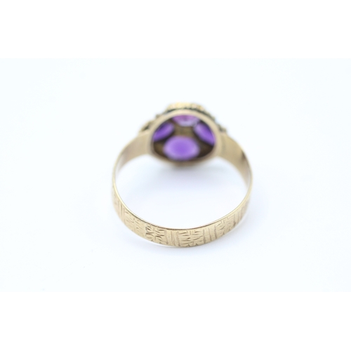 38 - 9ct gold amethyst and seed pearl cluster ring (1.9g) Size O