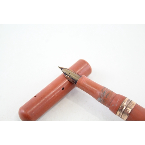 386 - Vintage Boots Aldor Orange Fountain Pen w/ 14ct Gold Nib, 9ct Gold Banding