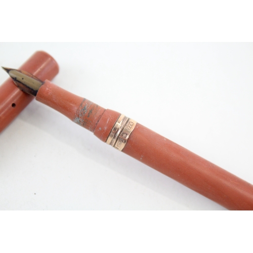 386 - Vintage Boots Aldor Orange Fountain Pen w/ 14ct Gold Nib, 9ct Gold Banding