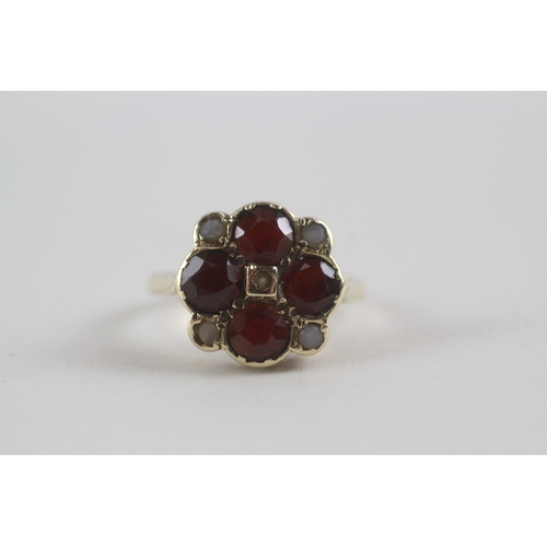 4 - 9ct gold garnet and seed pearl set cluster ring (4.1g) Size M 1/2