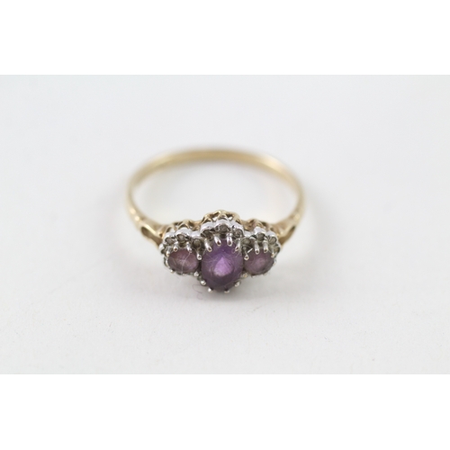 6 - 9ct gold diamond and amethyst cluster trilogy ring (1.7g) Size O