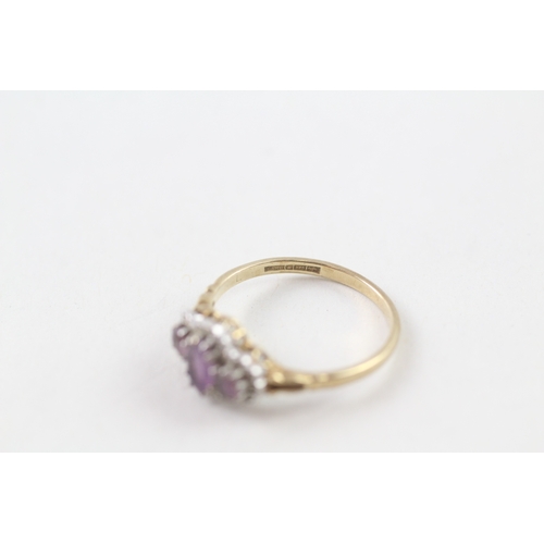 6 - 9ct gold diamond and amethyst cluster trilogy ring (1.7g) Size O