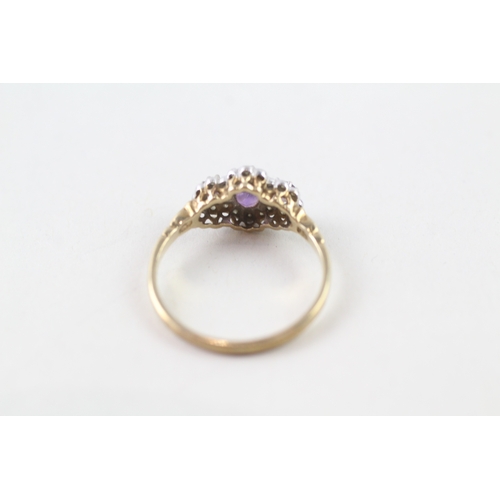 6 - 9ct gold diamond and amethyst cluster trilogy ring (1.7g) Size O