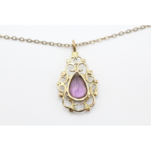 67 - 9ct gold and amethyst pendant on chain (2.4g)