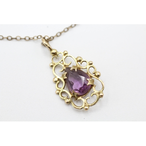 67 - 9ct gold and amethyst pendant on chain (2.4g)