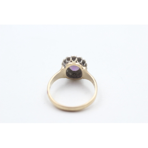 69 - 9ct gold amethyst and diamond halo set ring (3.5g) Size N