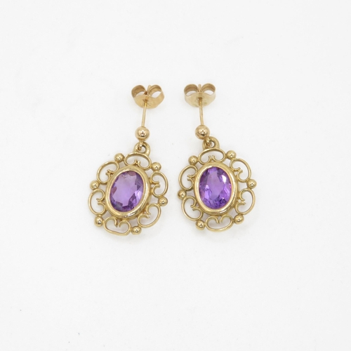 118 - 9ct gold amethyst drop earrings (2.3g)