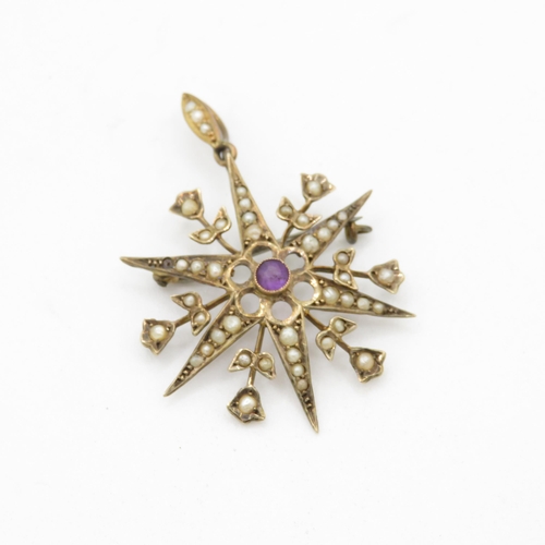 66 - 9ct gold antique seed pearl and amethyst set starburst pendant/brooch (3.2g)