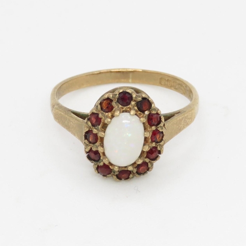 67 - 9ct gold garnet and opal set cluster ring (2.1g) Size  N