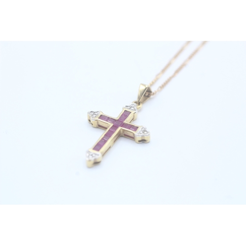 137 - 9ct gold ruby and diamond cross pendant on chain (3.3g)