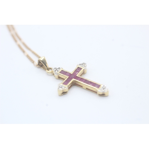 137 - 9ct gold ruby and diamond cross pendant on chain (3.3g)