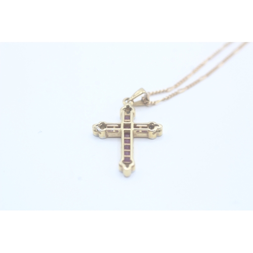 137 - 9ct gold ruby and diamond cross pendant on chain (3.3g)