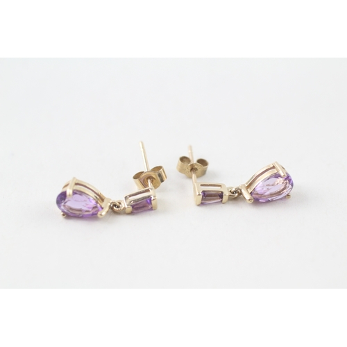 33 - 9ct gold vari-cut amethyst drop earrings (1.3g)