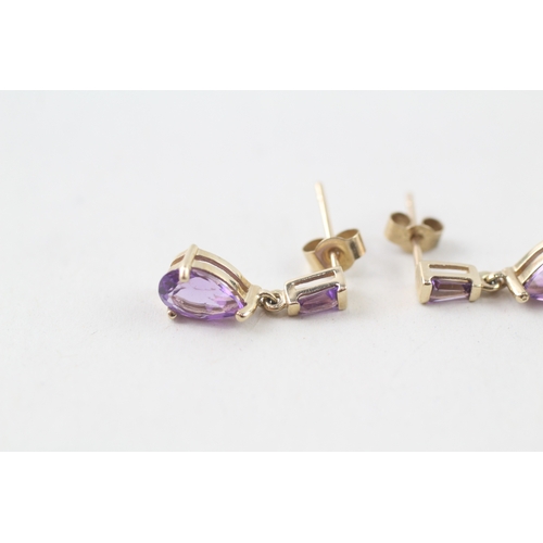 33 - 9ct gold vari-cut amethyst drop earrings (1.3g)