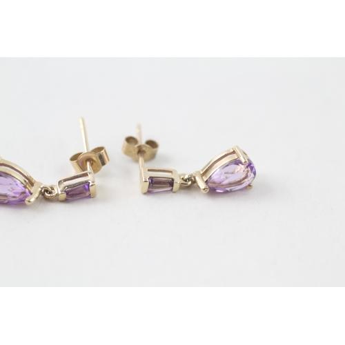 33 - 9ct gold vari-cut amethyst drop earrings (1.3g)