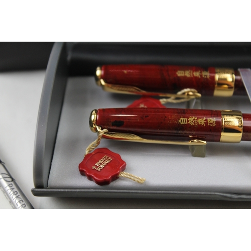 500 - Vintage Parker Sonnet Red Lacquer Fountain Pen w/ 18ct Nib, Rollerball, Box Etc