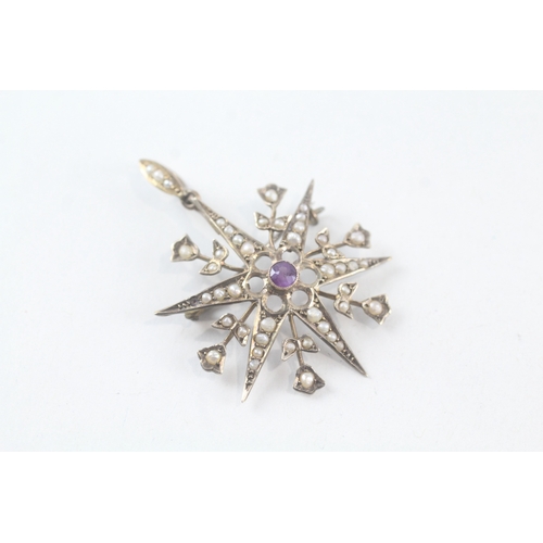 66 - 9ct gold antique seed pearl and amethyst set starburst pendant/brooch (3.2g)