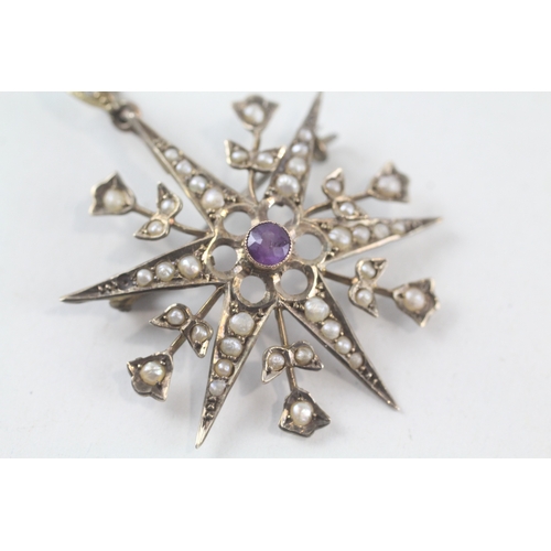 66 - 9ct gold antique seed pearl and amethyst set starburst pendant/brooch (3.2g)