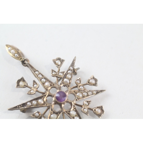 66 - 9ct gold antique seed pearl and amethyst set starburst pendant/brooch (3.2g)