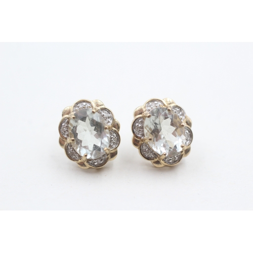 9 - 9ct gold prasiolite & diamond cluster stud earrings (3.1g)