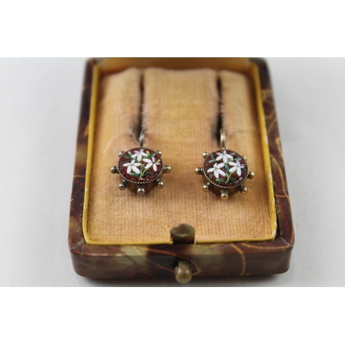 325 - Pair of Victorian Micro Mosaic Drop Earrings w/ Shepherd Hooks & Box 2g