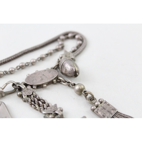 329 - Victorian Silver Albertina Watch Chain inc. Tassel, Acorn, Stamp Holder 24g