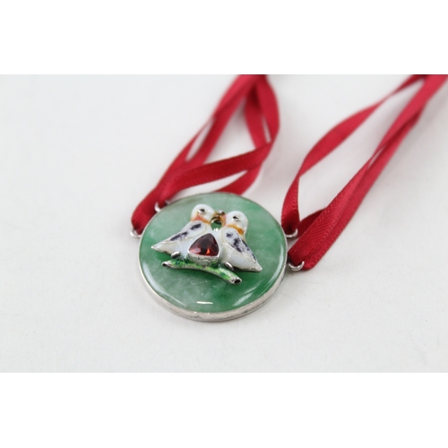 333 - Sterling Silver Jade Pendant w/ Enamel Bird, Ribbon 10g