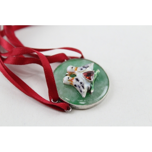 333 - Sterling Silver Jade Pendant w/ Enamel Bird, Ribbon 10g