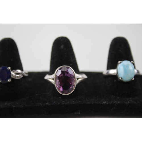 335 - Collection of Sterling Silver Gemstone Rings inc. Larimar, Opal, Quartz x 8 34g