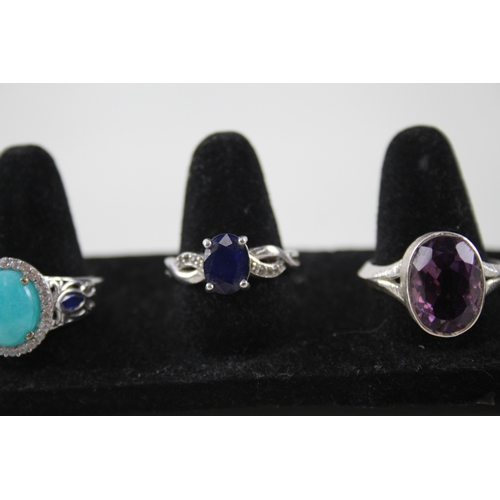 335 - Collection of Sterling Silver Gemstone Rings inc. Larimar, Opal, Quartz x 8 34g