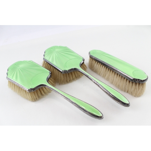 410 - 3 x Vintage ,925 Sterling Silver Green Guilloche Enamel Ladies Brushes (362g)