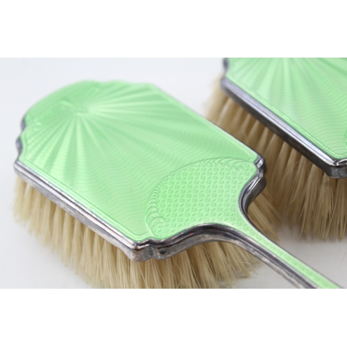 410 - 3 x Vintage ,925 Sterling Silver Green Guilloche Enamel Ladies Brushes (362g)