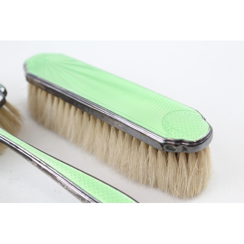 410 - 3 x Vintage ,925 Sterling Silver Green Guilloche Enamel Ladies Brushes (362g)