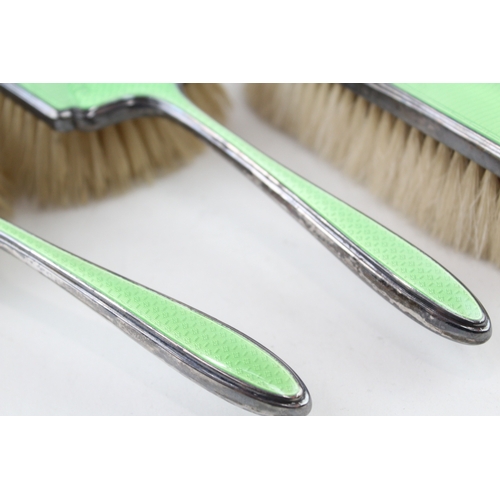 410 - 3 x Vintage ,925 Sterling Silver Green Guilloche Enamel Ladies Brushes (362g)