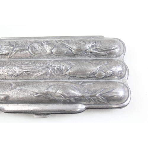 458 - 19th Century Pewter Cigar Case (3 Cigars) w/ Fish & Sea Life Motif, Meiji Period