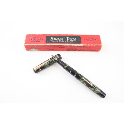 524 - Vintage Mabie Todd Swan Self Filler Green Fountain Pen w/ 14ct Gold Nib WRITING