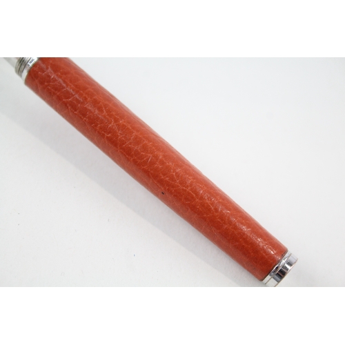 535 - Aspinal of London Orange Leather & Silver Plated Cap Rollerball Pen