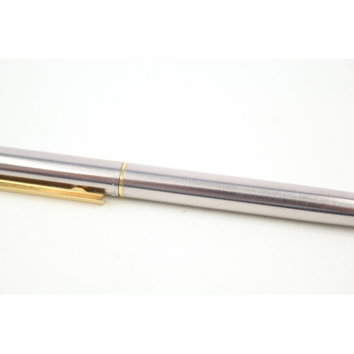 537 - DUNHILL Brushed Steel & Gold Plate Banding Ballpoint Pen / Biro