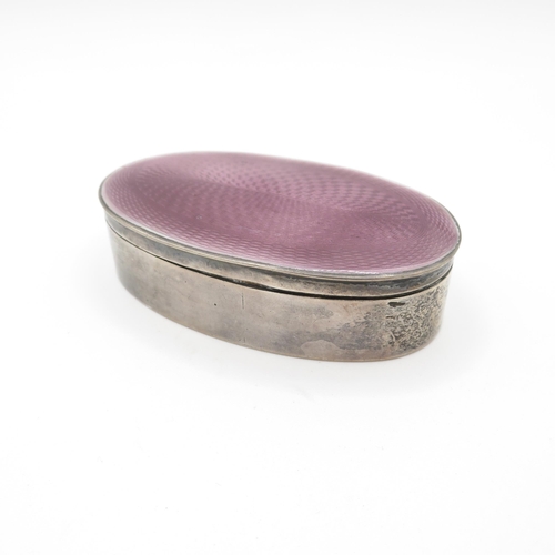 387 - English HM silver and enamel pill box - 82mm x 50mm - No damage to enamel (65g)