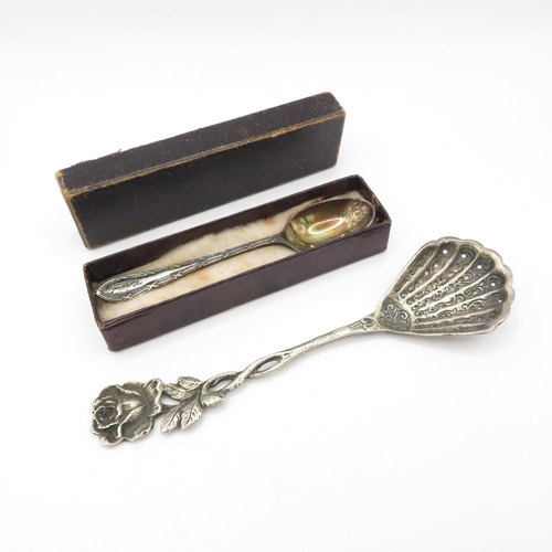 393 - Silver sugar sifter spoon and boxed silver spoon