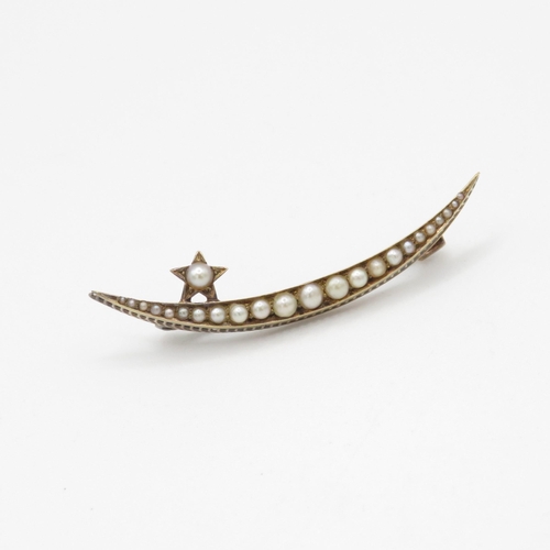 106 - 18ct gold Victorian seed pearl crescent & star brooch (3g)