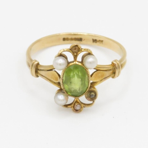 127 - 15ct gold antique peridot & pearl dress ring (2.2g) AS SEEN - STONES MISSING Size O