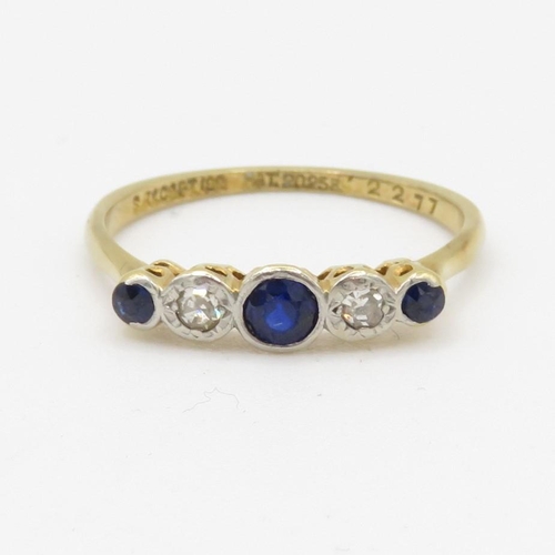 143 - 18ct gold antique sapphire & diamond five stone ring (2g) Size P