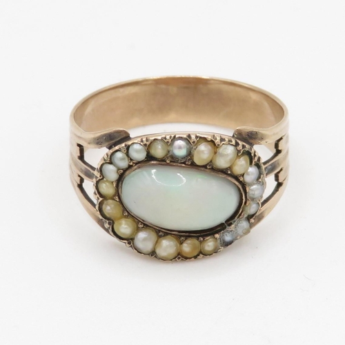 155 - 9ct gold antique opal & seed pearl dress ring (3.7g) Size R