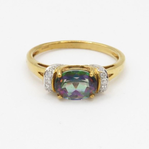 6 - 9ct gold mystic topaz and diamond ring (2.3g) Size N 1/2