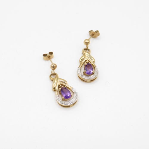 66 - 9ct gold amethyst and diamond drop stud earrings (2.6g)