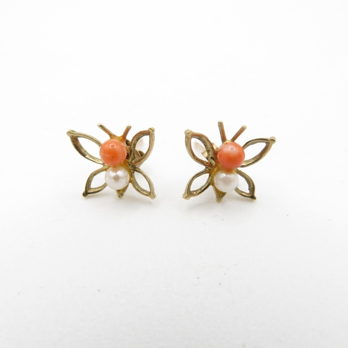 57 - 9ct gold vintage coral and cultured pearl stud earrings (1g)