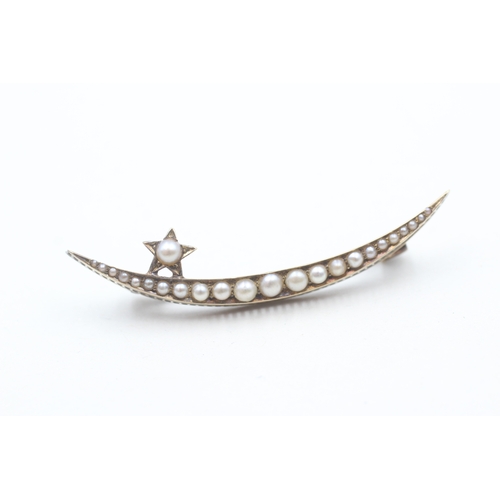 106 - 18ct gold Victorian seed pearl crescent & star brooch (3g)