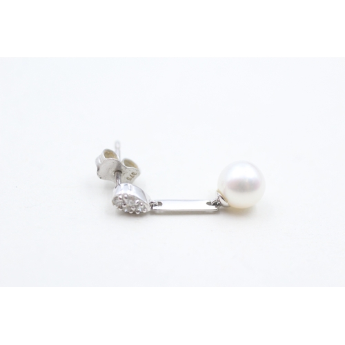 115 - 9ct white gold diamond and cultured pearl set drop earrings (1.8g)